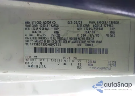 2003 Ford E-350 Super Duty Commercial/Recreational z USA, uszkodzony, nr VIN 1FTSE34S53HB97132